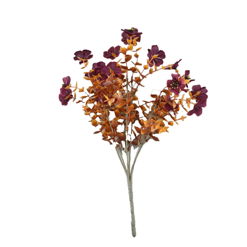 Amazon otoño flor artificial flor falsa artificial 7 tenedores eucalipto color otoñal violeta traje decoración flor decorativa