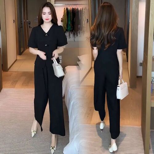 Women's 2025 Summer Ice Silk Set of 2 - New Chinese Style Fashion, Stylish and Slimming, Bodice Button Short Sleeve Wide Leg Pants