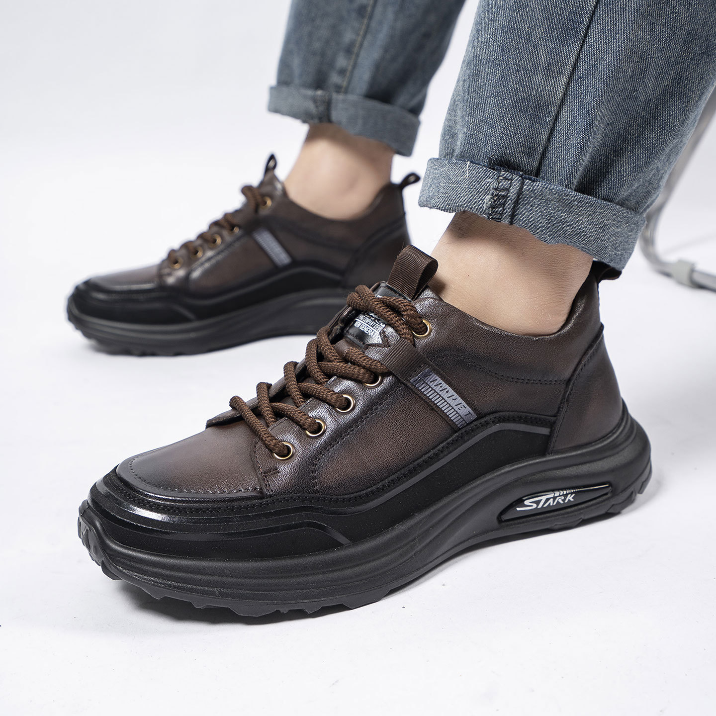 Men's Shoes Autum New Versatile Casual Shoes Sports Black Sneakers Men's Thick-Soled Genuine Leather Lightweight Work Trendy Shoes