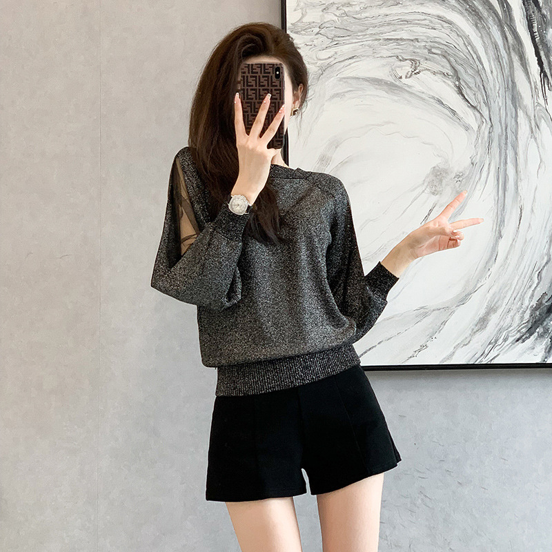 Knitted Sweater Women's Top Autumn Women's Off-Shoulder Shiny Silk Long-Sleeve Pullover Sweater Elegant Base Shirt for Women