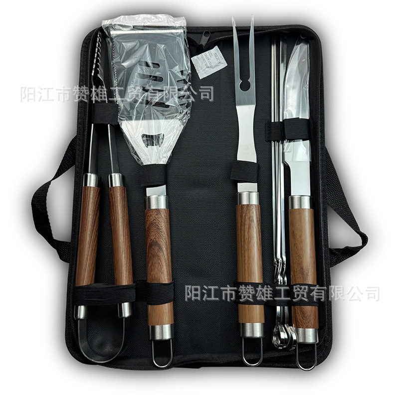 Juego de herramientas de barbacoa de mango de tubo grande de acero inoxidable de grano de madera Combinación de herramientas de barbacoa para exteriores Juego de barbacoa para hornear