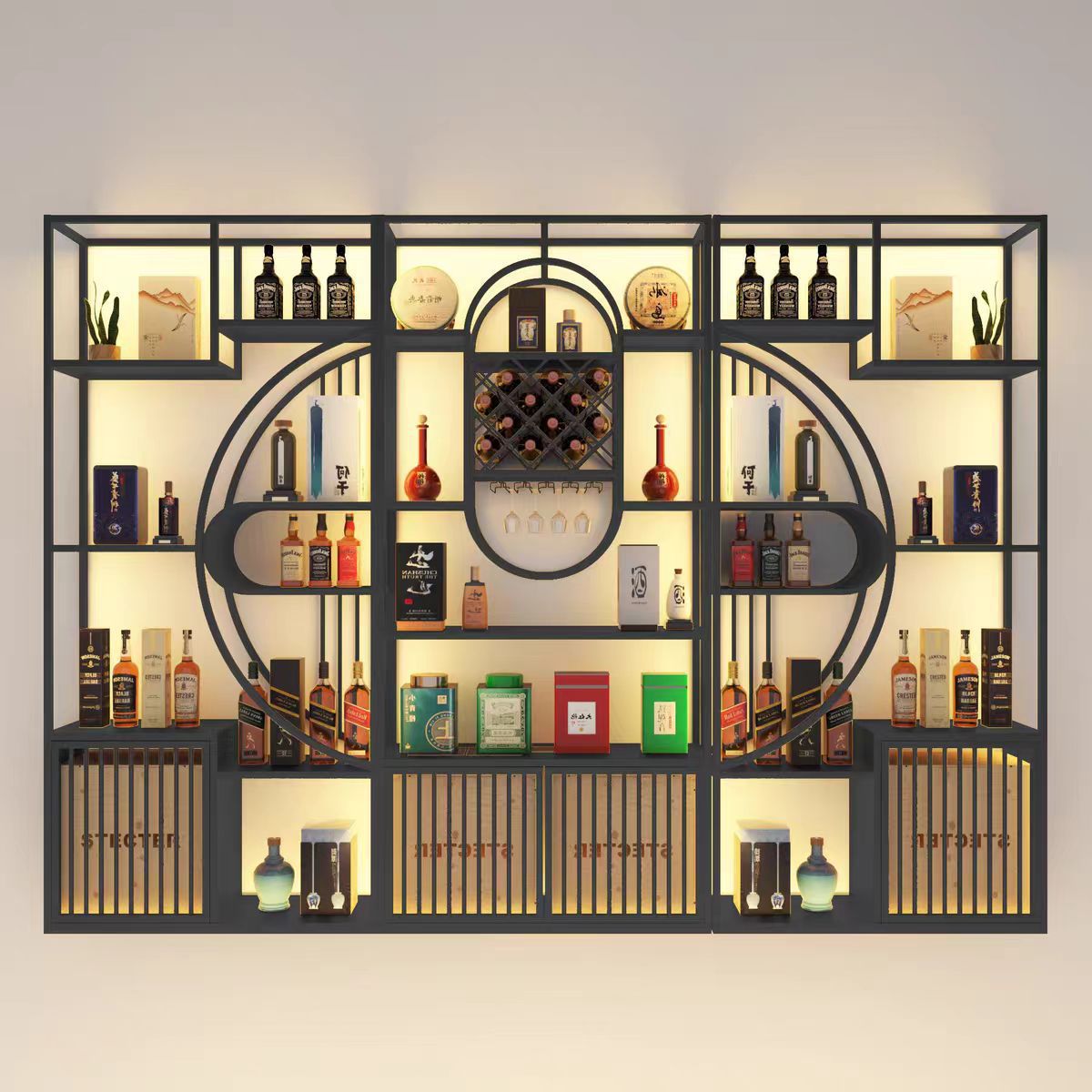 New Chinese Style Wine Rack, Simple and Modern Floor-Standing Iron Wine Cabinet, Ancient Shelf, Multi-Treasure Cabinet, Tea Shop Display Storage Cabinet