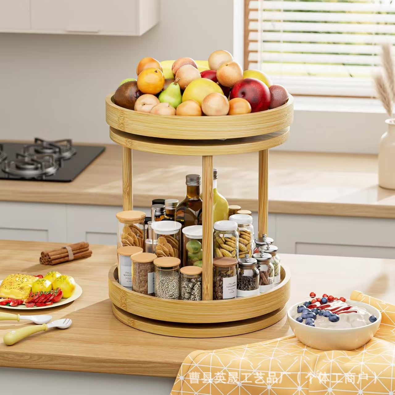 Bamboo rotatable spice jar organizer double-layer living room desktop fruit snack storage rack cosmetics storage rack