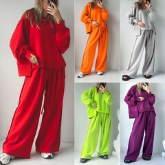 欧美 跨境 女装2025秋冬新款时尚休闲套装纯色长袖长裤圆领两件套