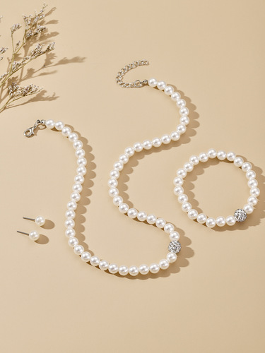 ABS Pearl Jewelry Set Women's Necklace Earrings Bracelet Three-piece Set Gift for Mom Beautiful Wedding Photo Accessories