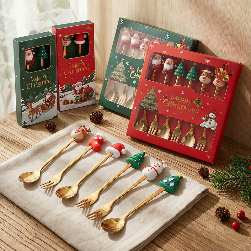 J Stainless Steel Spoon Cross-Border Christmas Tree Coffee Stirring Spoon Dessert Spoon Fruit Fork Christmas Spoon and Fork Gift Set