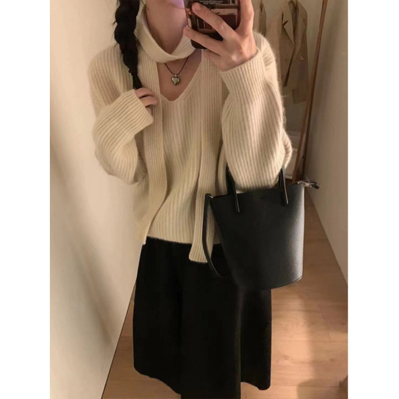 设计感挂脖飘带毛衣女慵懒高级感小众长袖上衣套头羊毛宽松针织衫|undefined