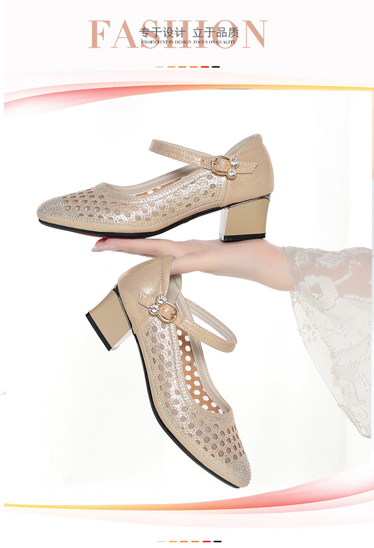 Sandal nữ quai ngang da thật lỗ thoáng mũi kín gót 4.5 cm — Vàng【Gót trung 4.5cm】 chi tiết 1