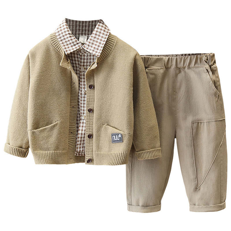 5859 Traje de primavera y otoño para niños 2024 Camisa a cuadros de rebeca para niños de tres piezas Ropa de otoño para niños