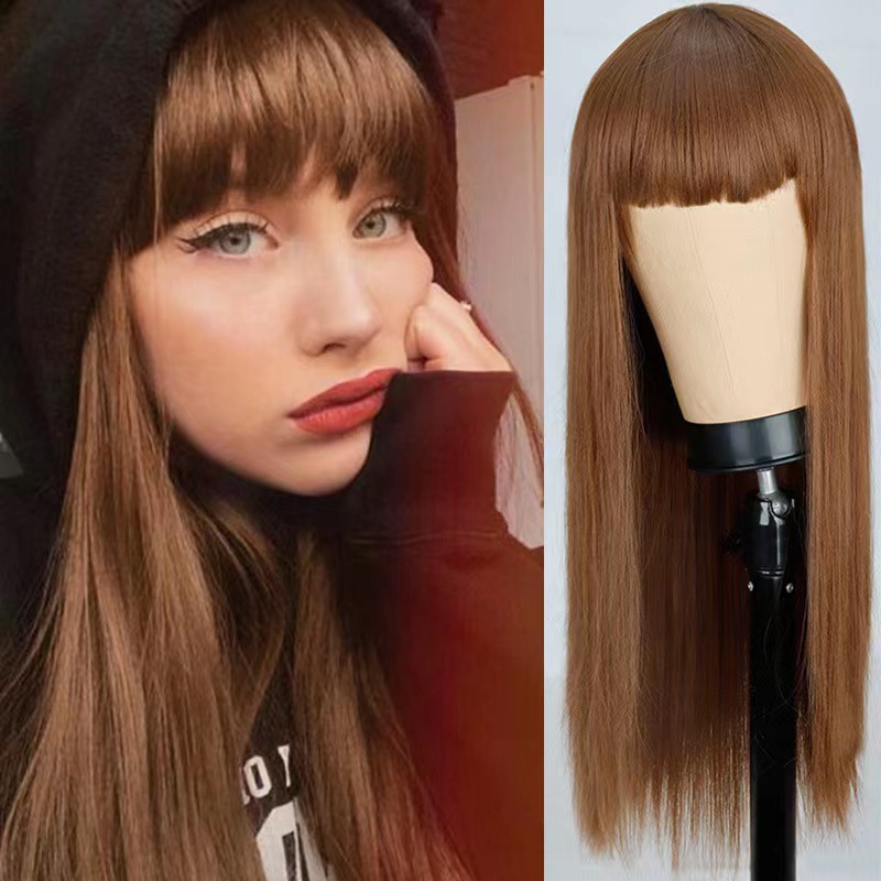 Perruque Synthétique Femme Droite À La Mode Fibre Synthétique Couvre-Tête Avec Frange Noire Cheveux Longs_voghion.com