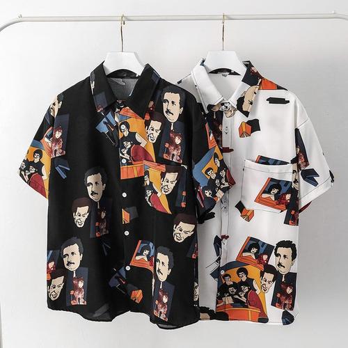 Men's Summer Short Sleeve Collared Shirt, Ins Retro Funny Headprint Personality Print Streetwear Korean Style Loose Collared Shirt