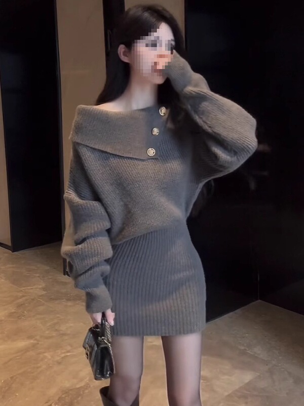 Long-Sleeved Knitted Dress for Women in Autumn and Winter New Style with French Hip-Hugging Skirt, One-Shoulder Sweater and Short Skirt