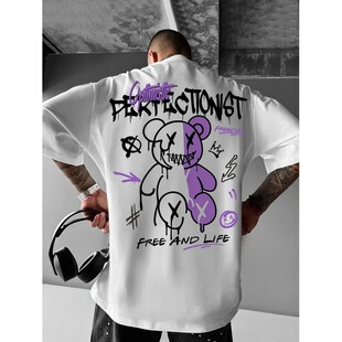2025 Summer New Men's T-shirt Fashion Letter Bear Print Patt