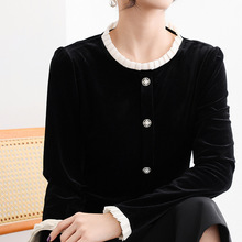 法式圆领金丝绒衬衫开衫2025年春季新款拼色木耳边宽松百搭衬衣女