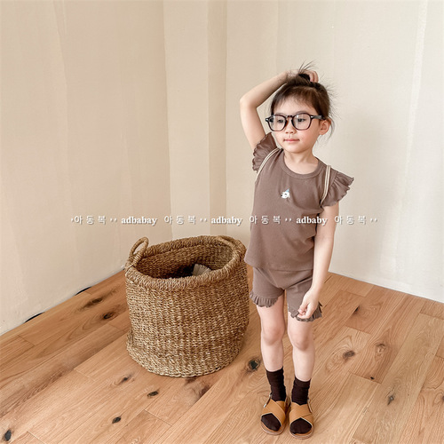 2024 Korean children's clothing summer new Korean style two-piece set girls lace sleeve vest + shorts 123219