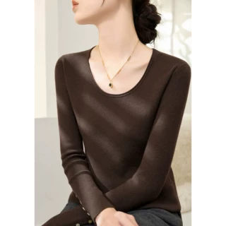 袖口开叉纽扣设计长袖针织衫2025秋冬季新款上衣深棕色低圆领毛衣