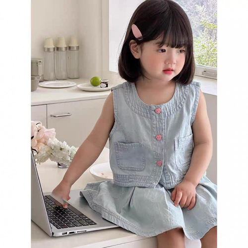 Unisex Washable Denim Set with Sleeveless Top and Pleated Skirt - 2025 Summer Trendy Sweet Style Two-Piece Set