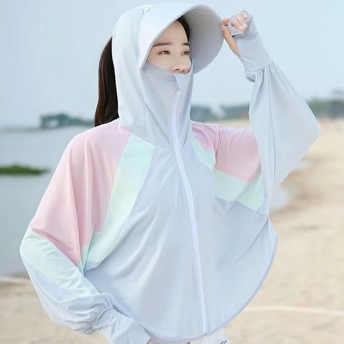 Sun protection clothing, UV protection, summer new style, contrasting color sun protection clothing, women's ice silk hooded sun protection clothing, shawl blouse