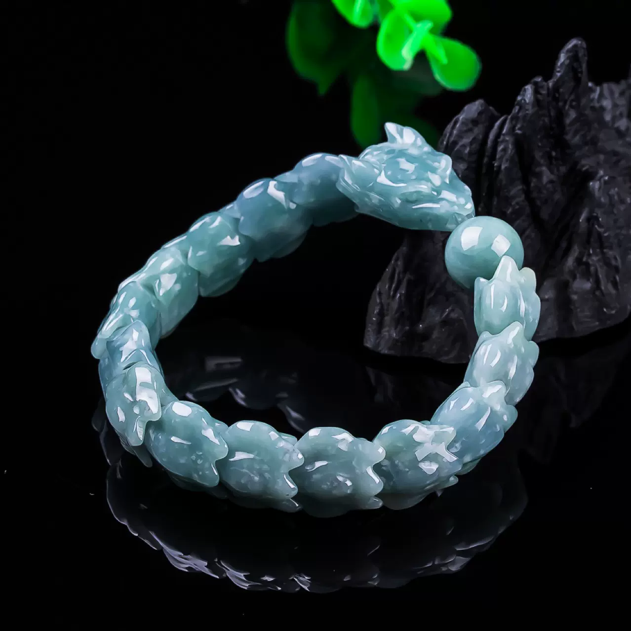 正品天然A货翡翠蓝水立体龙骨手串冰种玉石男款手链四会玉器批发