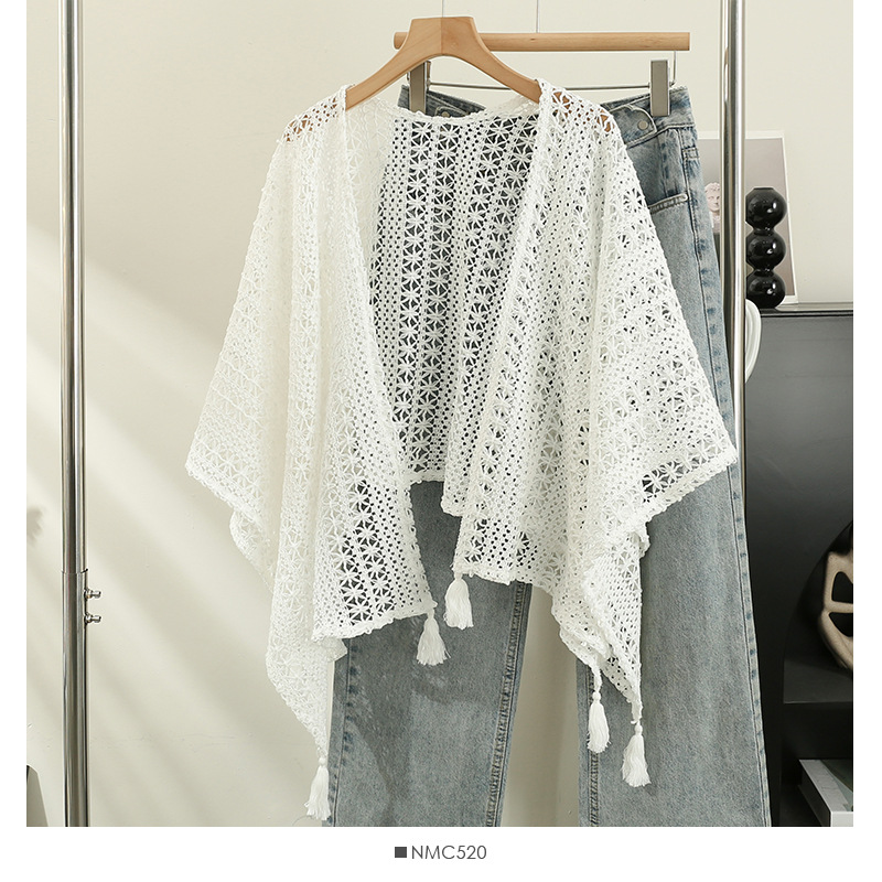 Vintage Strickcardigan mit Quasten im Ethno-Stil für Damen, dünner Spitzenschal für Frühling und Herbst_voghion.com