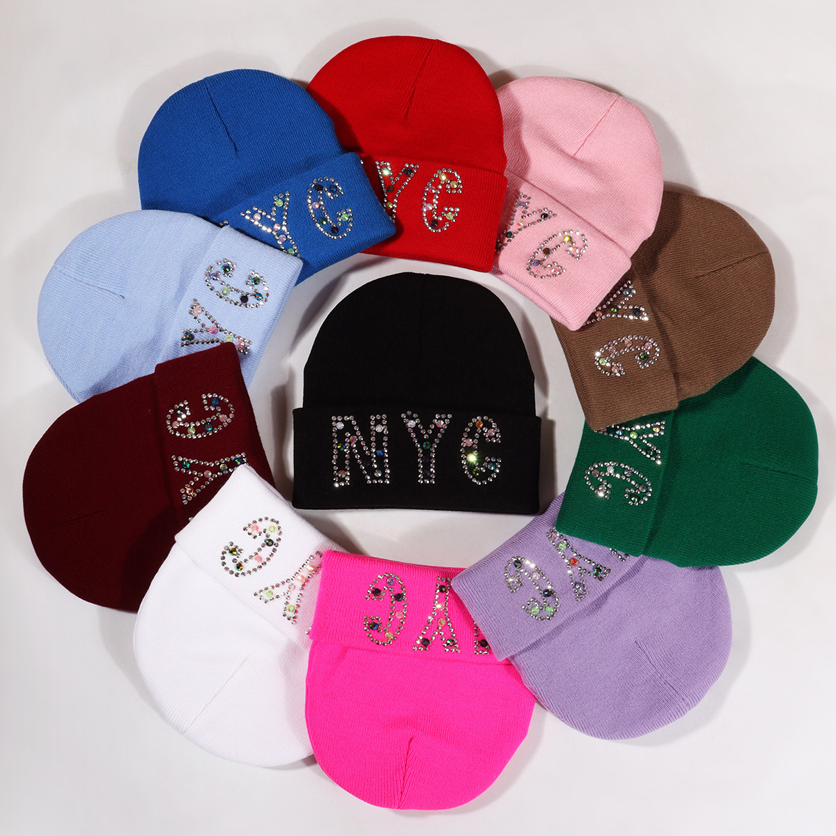 Cappello unisex con lettera NYC, cappello lavorato a maglia con strass, cappello lavorato a maglia per feste_voghion.com