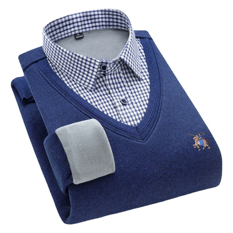 Осенне-зимний утолщенный пуловер из искусственной мужской рубашки с длинными рукавами и воротником на флисовой подкладке, теплый повседневный трикотаж, свитер