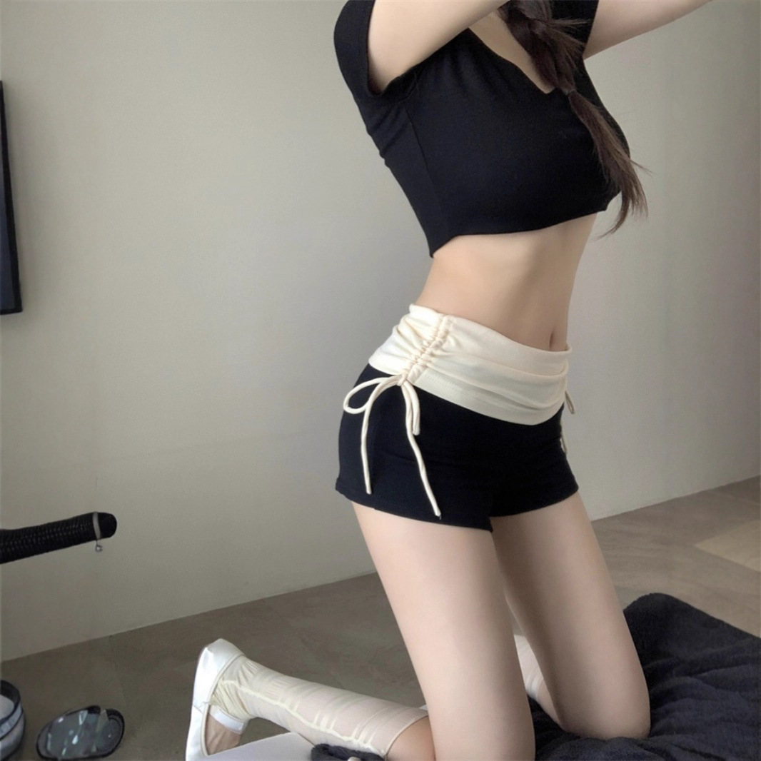 Hot Girl Style Contrasting Color Patchwork High-Waisted Pleated Casual Pants Women's Summer New Elastic Hip-Hugging Shorts Hot Pants for Women
