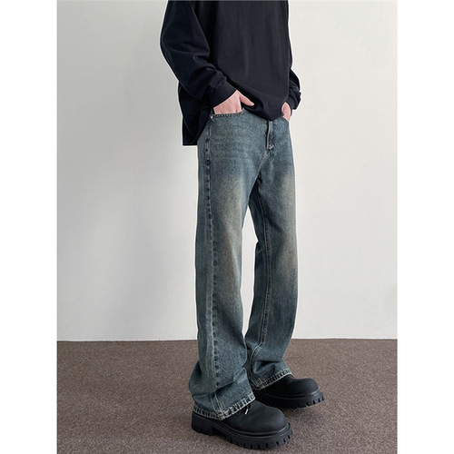Men's American Retro Casual Stylish Straight Leg Frayed Jeans with Washed Distressed Effect, Fashion Brand Long Pants
