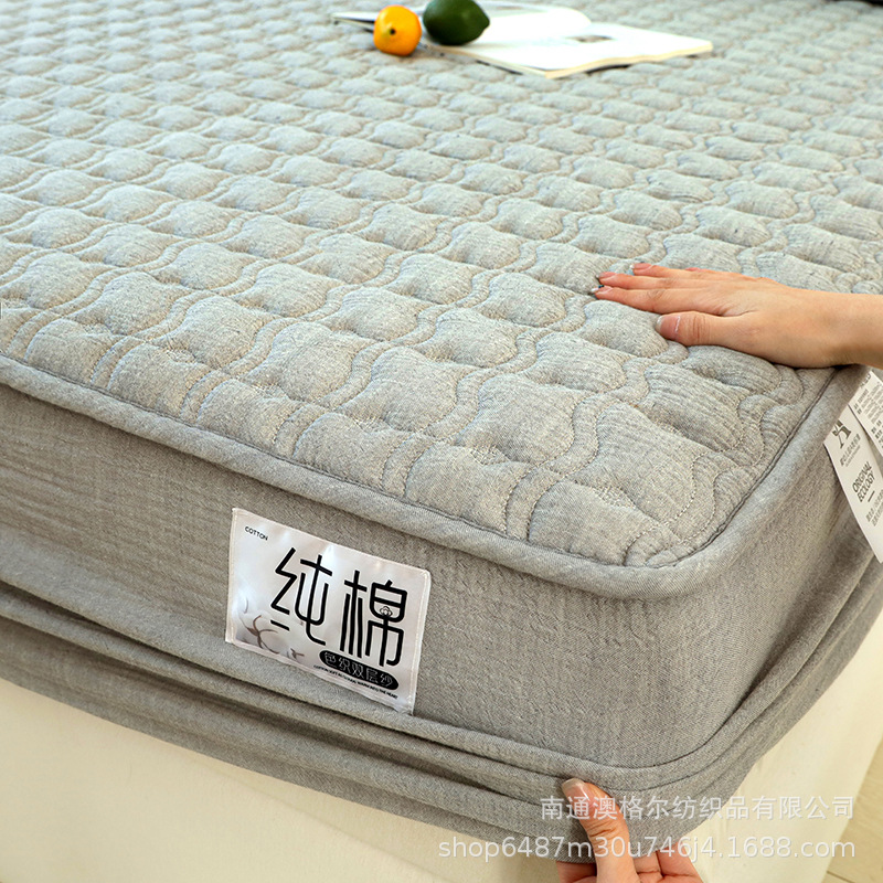 100% Pure Cotton Fitted Sheet Single Piece All-Cotton Antibacterial Bed Cover Quilted Thickened Mattress Protector Anti-Slip Bed Cover for Simmons