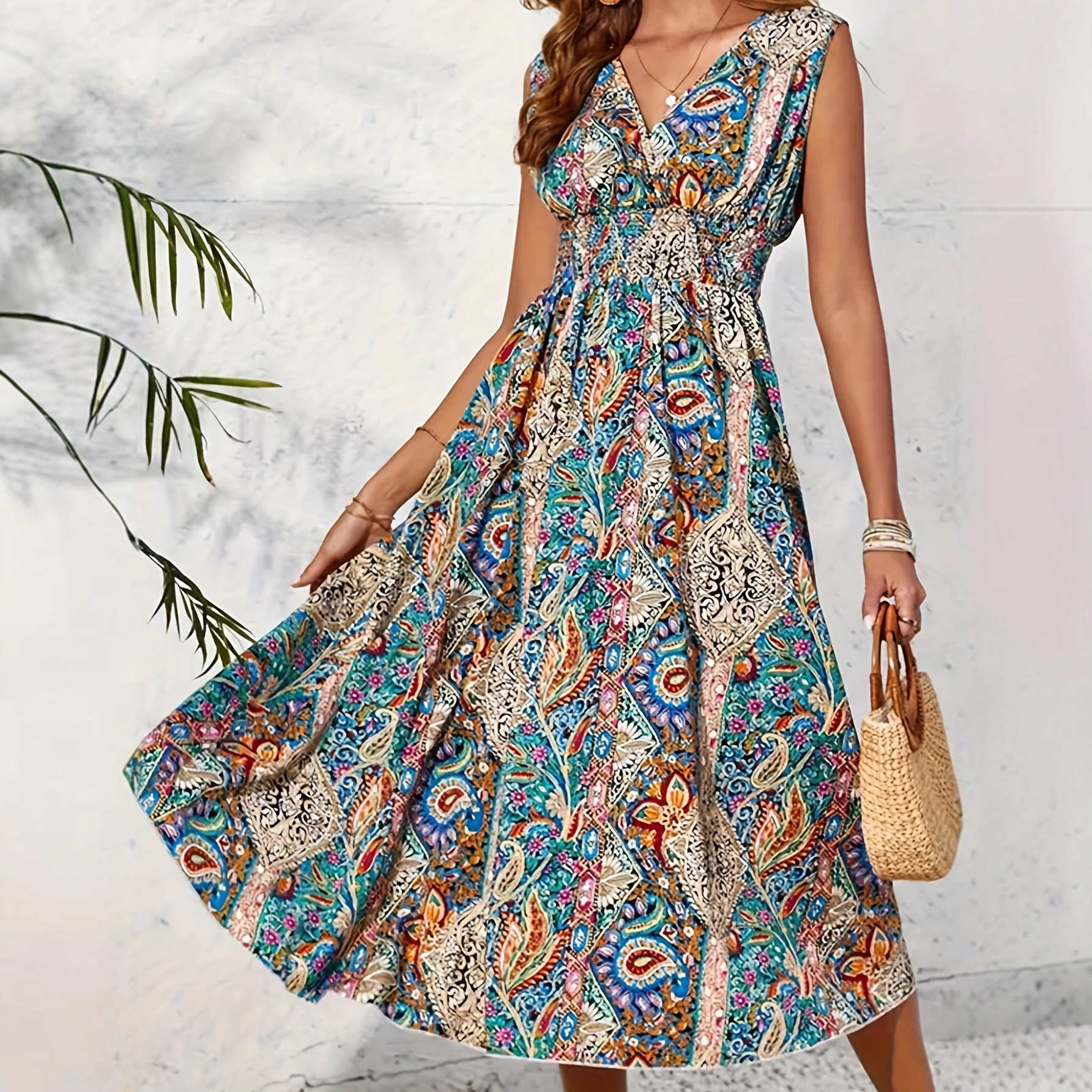 2026 Amazon European and American Cross-Border Summer New Women's Printed V-Neck Sleeveless Dress