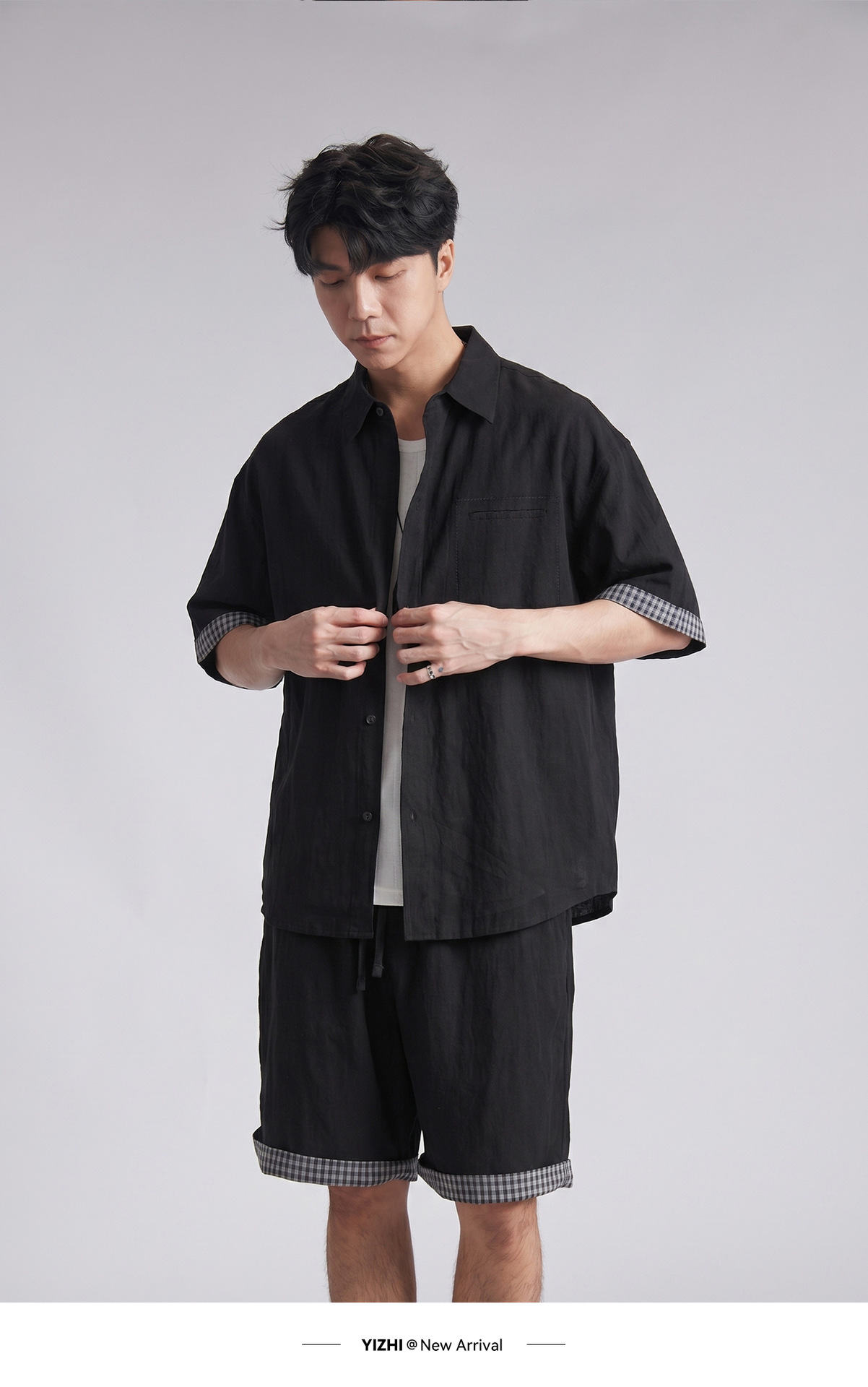 Bộ đồ thể thao nam áo sơ mi ngắn tay kèm quần short chất liệu Tencel mát lạnh — đen chi tiết 15