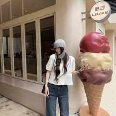 实拍 秋季韩系温柔宽松百搭泡泡袖毛衣高腰直筒牛仔长裤套装89325