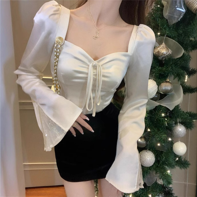 Elegant Square-Neck Satin Bell-Sleeve Lace Patchwork Long-Sleeve Shirt for Women 2025 New Slim-Fit Short Sexy Top