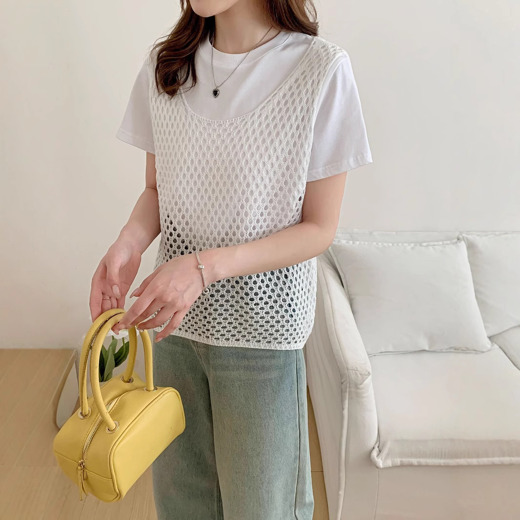 Hollow Round Neck Vest for Women's Outer Wear Summer New Korean Style Thin Blouse Layered with Knitted Vest Top