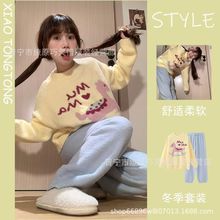 睡衣女秋冬季新款半边绒卡通木马刺绣套头休闲家居服套装珊瑚绒