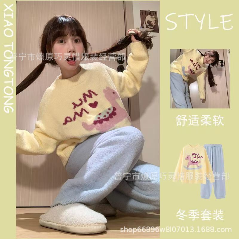 睡衣女秋冬季新款半边绒卡通木马刺绣套头休闲家居服套装珊瑚绒