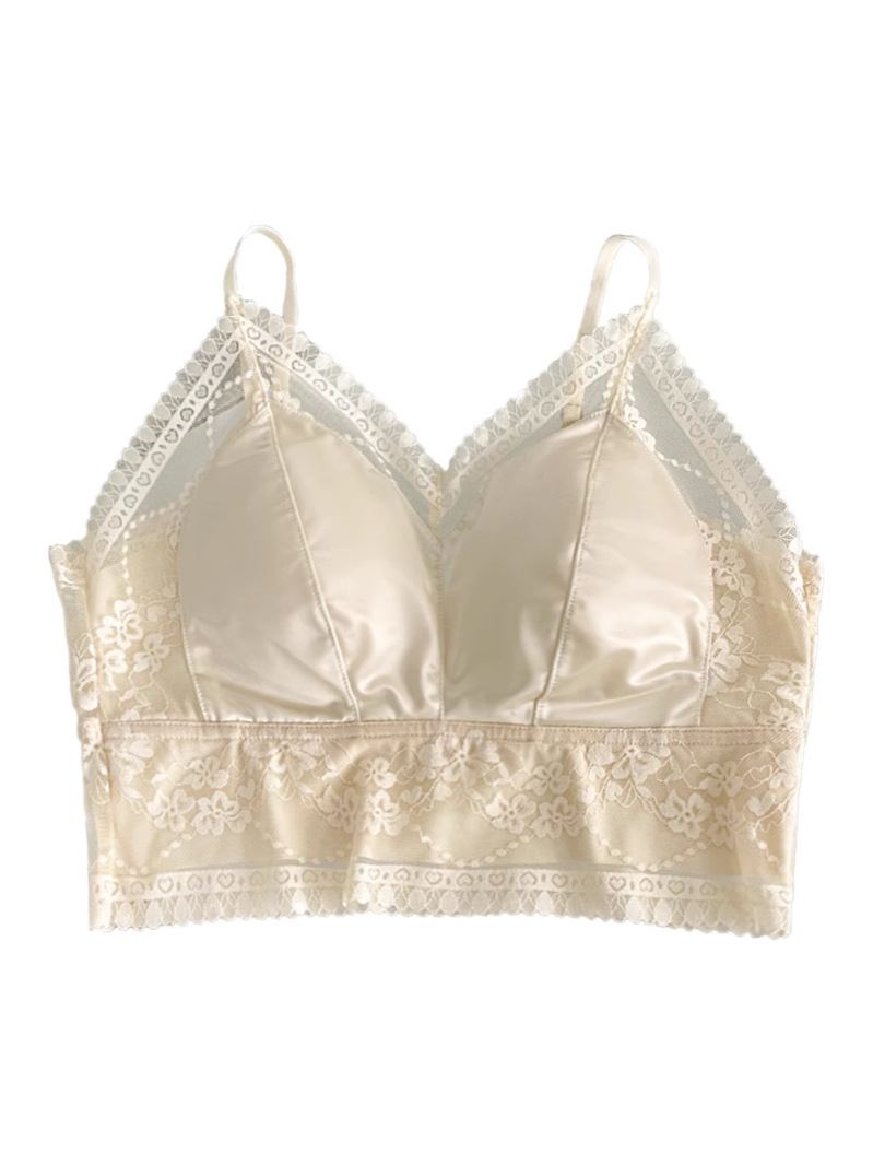 Light Luxury Satin Splicing Lace Fixed Cup Suspender Beautiful Back Intimates Slim Outer Wear Bottoming Anti-Exposure Women's Vest