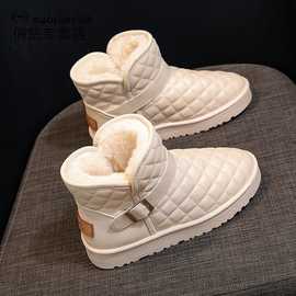 厚底菱形雪地靴女2023冬季新款加绒加厚增高短筒防滑保暖面包棉鞋