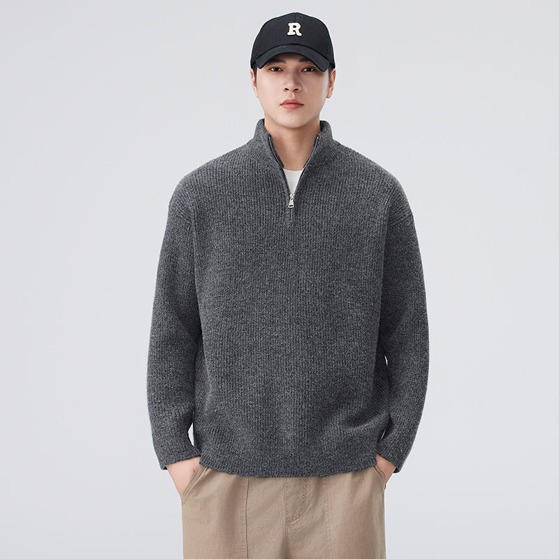 Autumn and Winter American Stand-Up Collar Coach Knitted Sweater for Boys 2025 New Fashion Trend Half-Zip Pullover Top