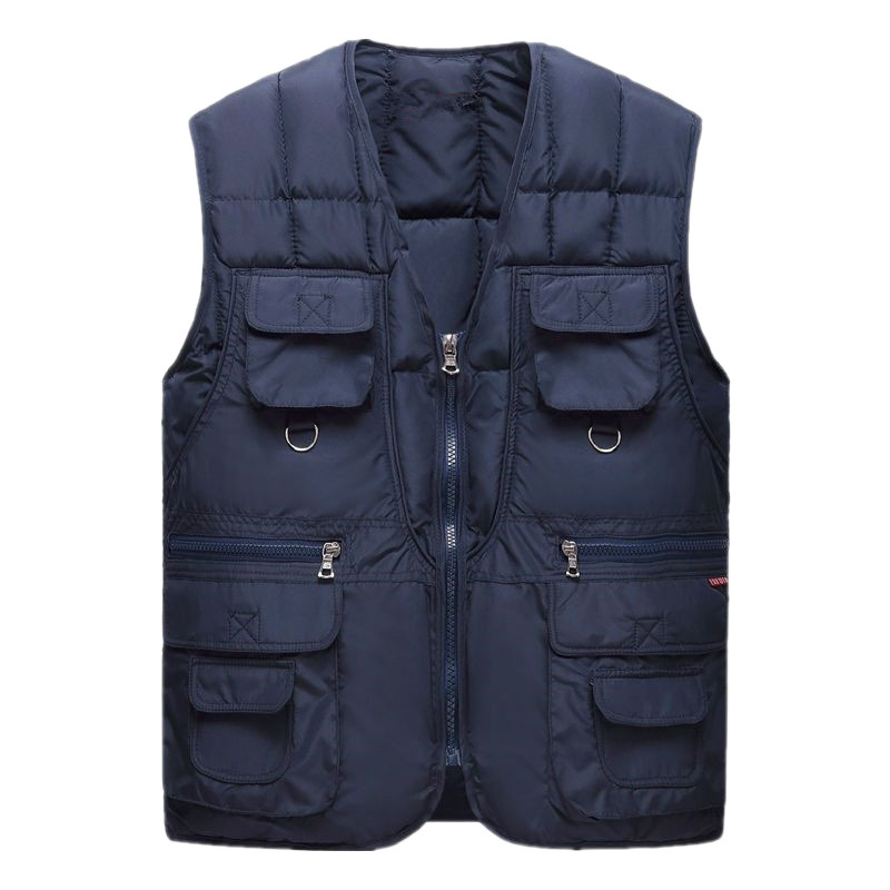 Papá de mediana edad con chaleco de pesca de bolsillo de invierno de otoño caliente al aire libre de algodón para hombres