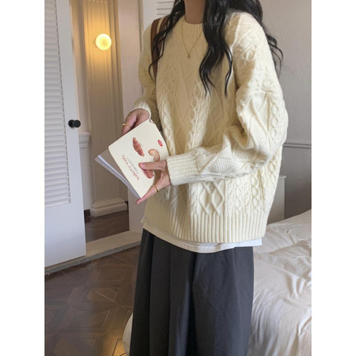 KANING Women's New Year Red Cable Knit Cardigan Sweater 2025 Autumn Winter Retro Slouchy Round Neck Knit Top