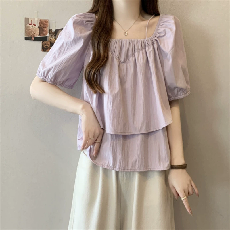 Кукла, короткая рубашка, утягивающий эффект, с коротким рукавом, французский стиль, квадратный вырез, puff sleeves, западный стиль