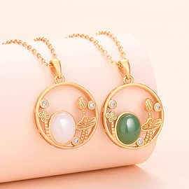 古法金项链荷花碧玉吊坠复古宫廷风荷塘月色创意白玉锁骨链饰品