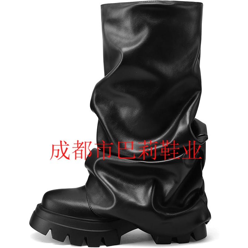 女式折叠靴休闲靴宽小腿褶皱防水台靴红色中高靴子厚实叠层靴大码|undefined