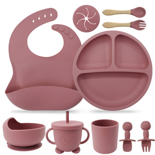 Children's Tableware suit Silicone Dinner Plate with Fork Spoon Baby Spoon Supplementation Bowl Feeding Baby Supplies Ten-piece Set