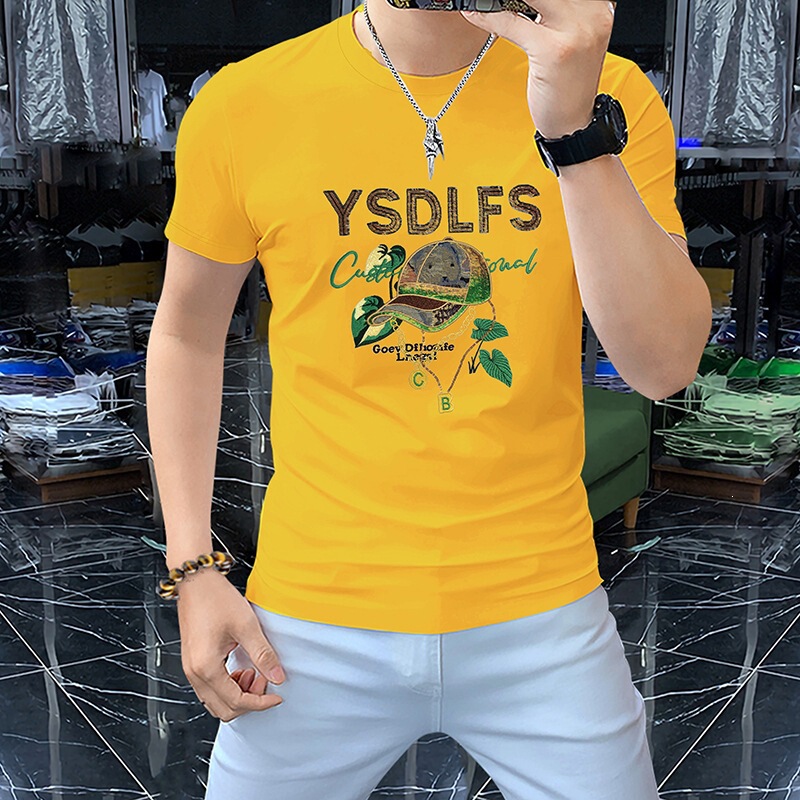 High-End Heavy-Duty Sequin Embroidery Hat, Silk-Gloss Cotton T-Shirt, Men's Short-Sleeve Crew Neck Shirt, New Summer Men's Fashion