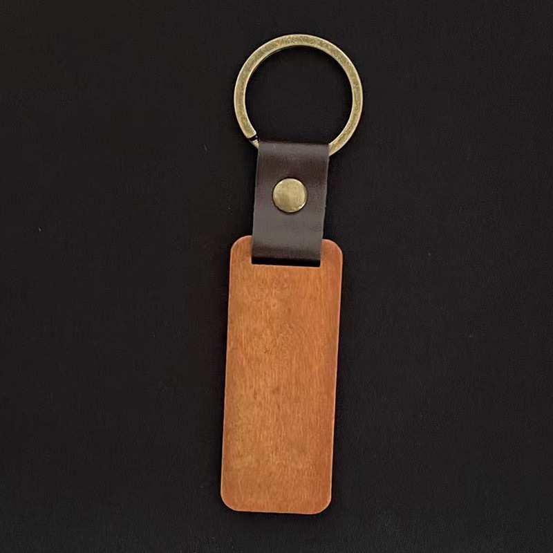 创意PU胡桃木钥匙扣欧美热销长方形皮革钥匙扣可雕刻logo小礼品