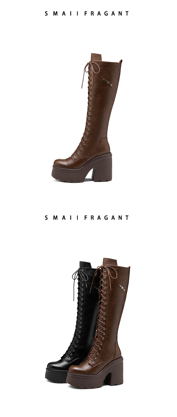 Boot nữ cổ cao ôm bắp chân, gót 12 cm, phong cách Anh, da thật, buộc dây, đế dày — nhung nâu chi tiết 9
