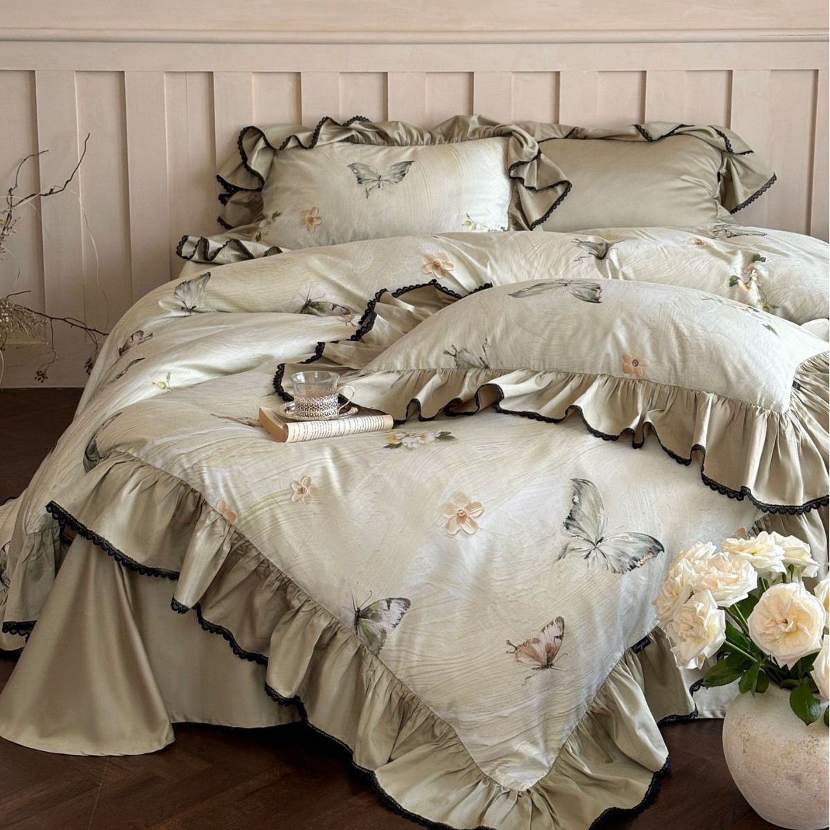 Nordic French Vintage Boho French High-End Pure Long-Staple Cotton Four-Piece Set All-Cotton Digital Print Vintage Style Lace Fresh Bedding_voghion.com