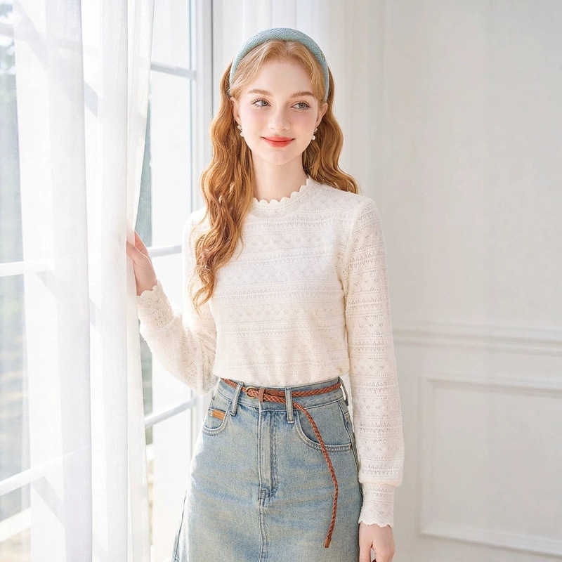 Lace Hollow-Out Long-Sleeve Top for Women, Autumn and Winter Slim Fit Half-High Collar Base Shirt, Sweet Retro Exquisite Blouse Lace Hollow-Out Long-Sleeve Top for Women, Autumn and Winter Slim Fit Half-High Collar Base Shirt, Sweet Retro Exquisite Blouse
